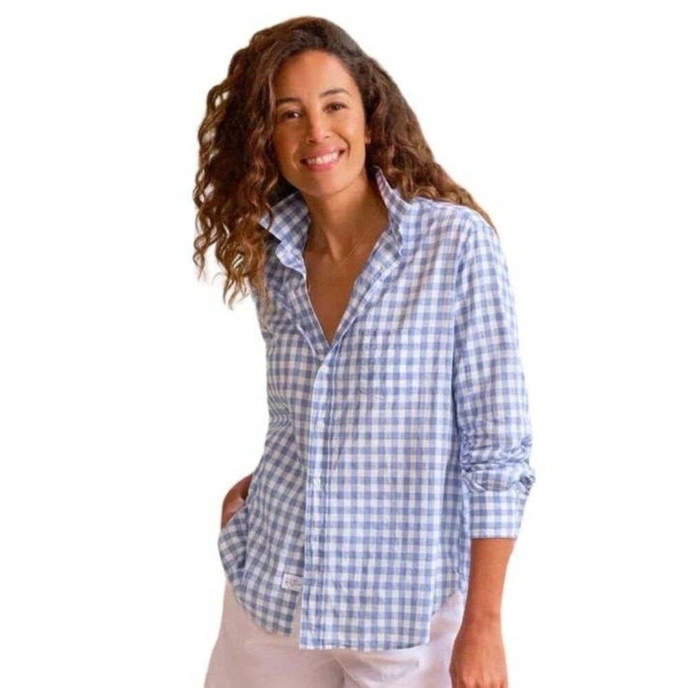 Frank & Eileen Barry Crinkle Shirt Blue White Gingham Button Up Size L Cotton